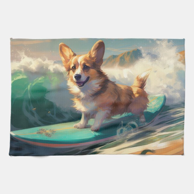 Linge De Cuisine Corgi  Plage Surf Peinture (Horizontal)