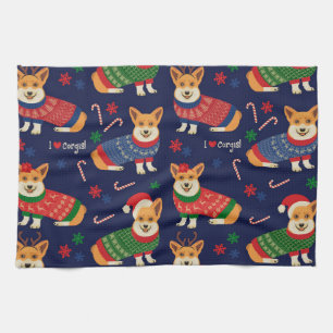 Linge De Cuisine Corgis de Noël : Illustration Vintage festive.
