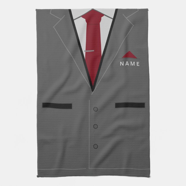 Linge De Cuisine Costume gris avec cravate rouge - Ajouter un nom - (Vertical)