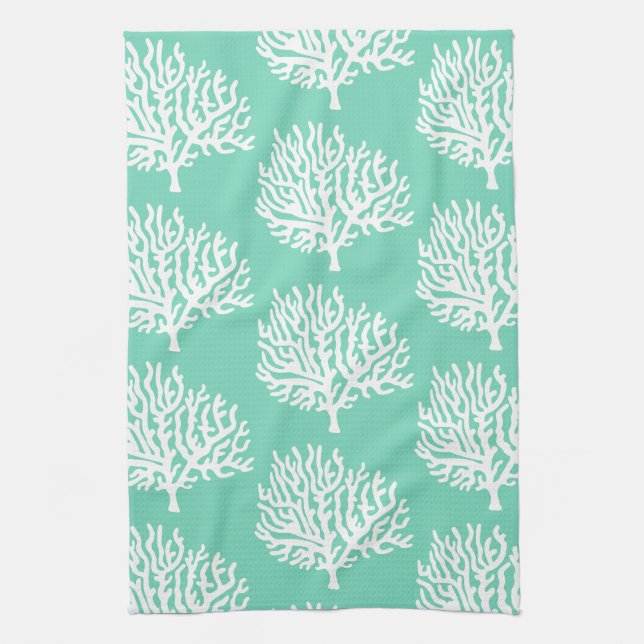 Linge De Cuisine Côté Blanc Mer Corail et Verre Vert (Vertical)