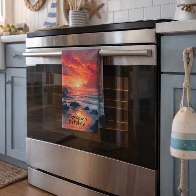 Linge De Cuisine Côte de coucher de soleil enflammé personnalisé –  (Créateur téléchargé)