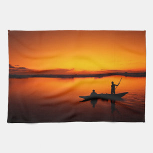 Linge De Cuisine Coucher de soleil, bateau d'aviron Silhouette-1649