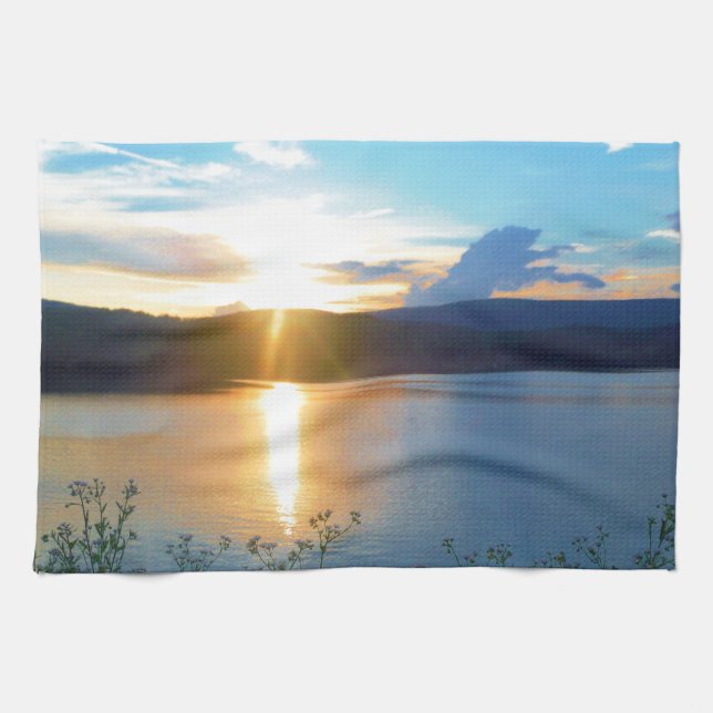 Linge De Cuisine Coucher de soleil bleu sur le lac (Horizontal)