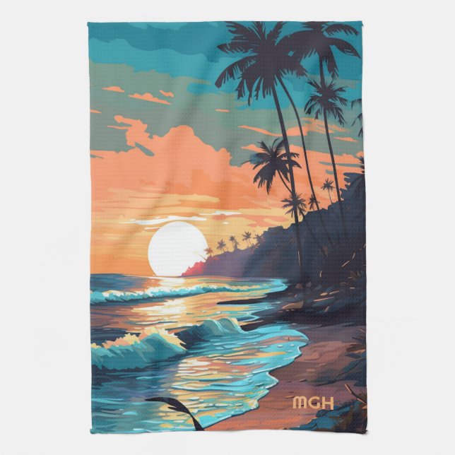 Linge De Cuisine Coucher de soleil de plage tropicale sur mesure (Vertical)