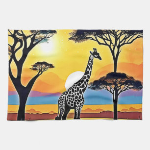 Linge De Cuisine Coucher de soleil safari : étreinte de la girafe