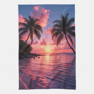 Linge De Cuisine Coucher de soleil sur un palmier tropical rose océ