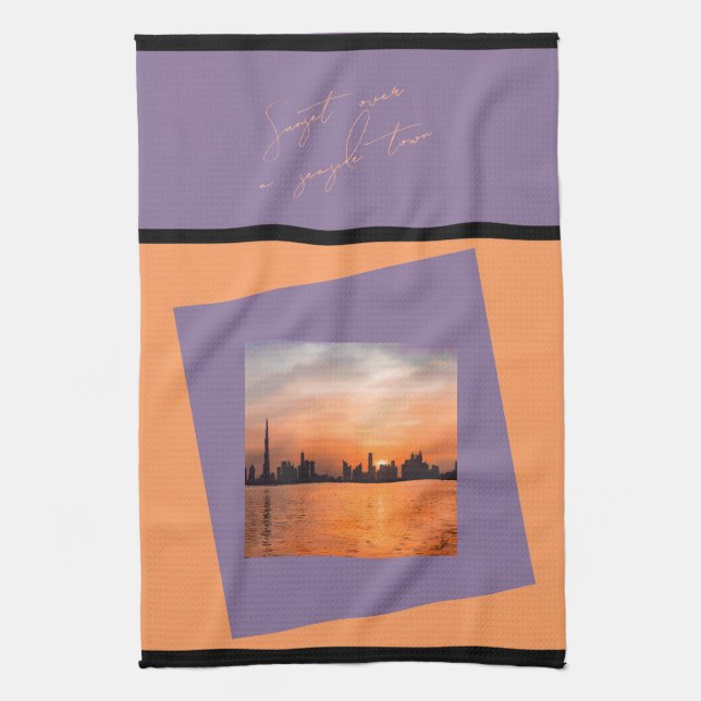 Linge De Cuisine Coucher de soleil sur une ville côtière - Serviett (Vertical)