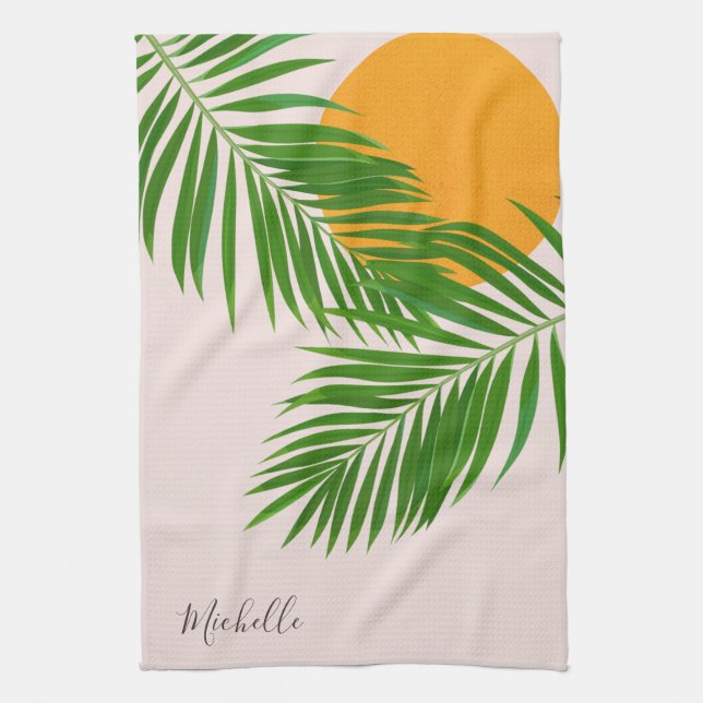 Linge De Cuisine Coucher de soleil tropical rétro Feuilles de palmi (Vertical)