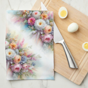 Linge De Cuisine Couleurs pastel élégantes Fleurs aquarelles à l'aq