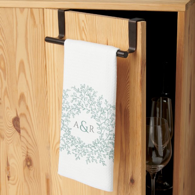 Linge De Cuisine Couple de dessin en monogramme vert blanc (Pliage en tiers)