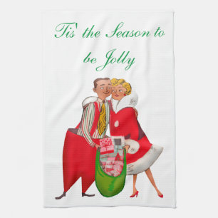 Linge De Cuisine Couple vintage 1950 avec sac de cadeaux de Noël