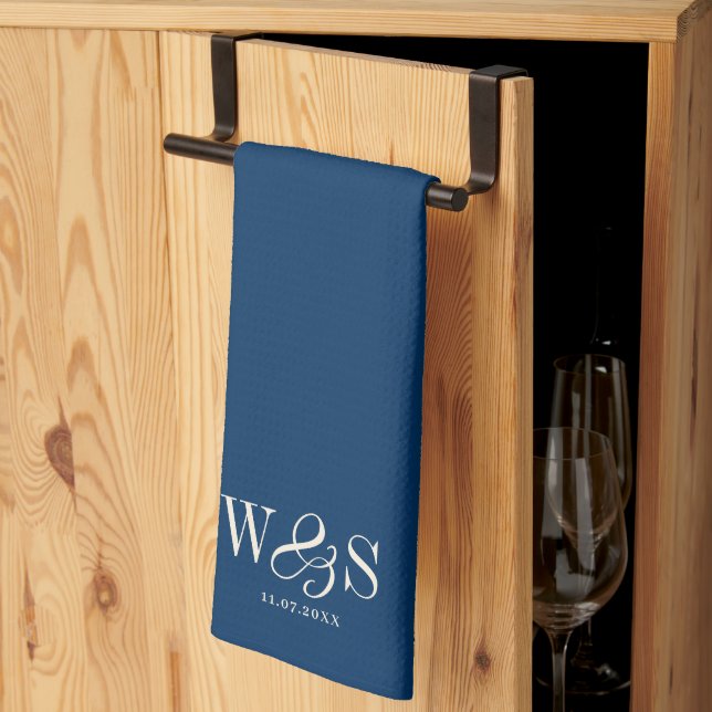 Linge De Cuisine Couples de mariage initial bleu marine élégant (Pliage en tiers)
