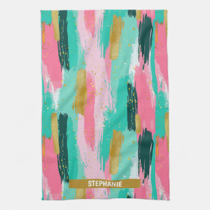 Linge De Cuisine Coups de pinceau abstraits colorés - Menthe et ros