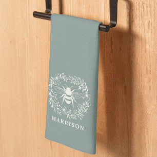 Linge De Cuisine Couronne de famille à monogramme abeille Vert saug
