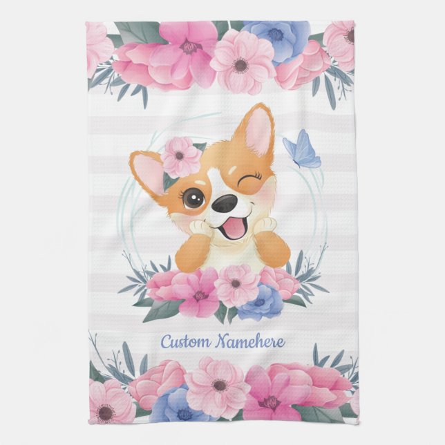 Linge De Cuisine Couronne de fleurs de chien Corgi mignon Papillon  (Vertical)