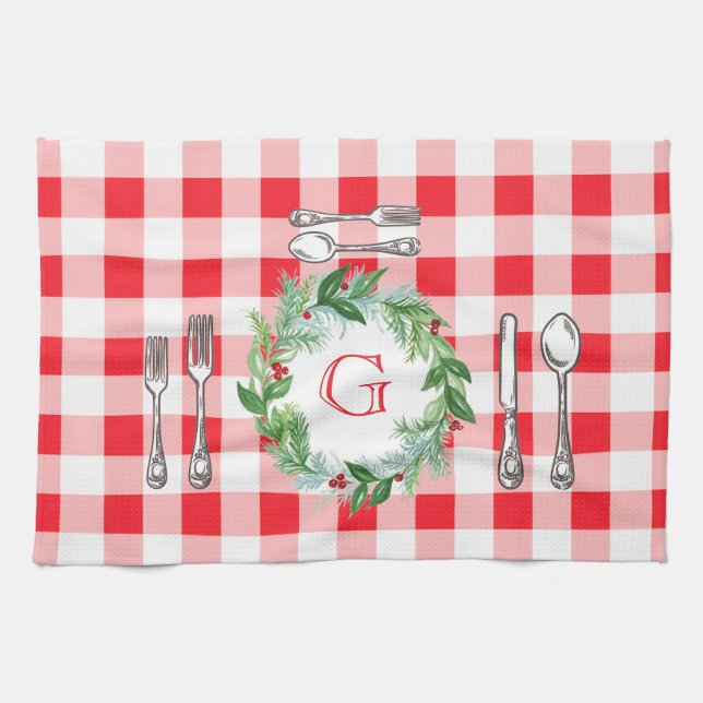 Linge De Cuisine Couronne de Noël à l'aquarelle MONOGRAMME Vichy ro (Horizontal)
