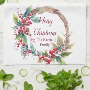 Linge De Cuisine Couronne de Noël personnalisée à l'aquarelle avec