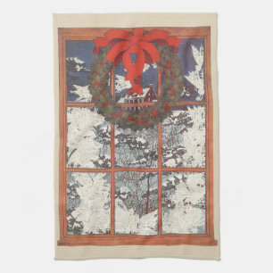 Linge De Cuisine Couronne de Noël vintage dans une fenêtre avec de