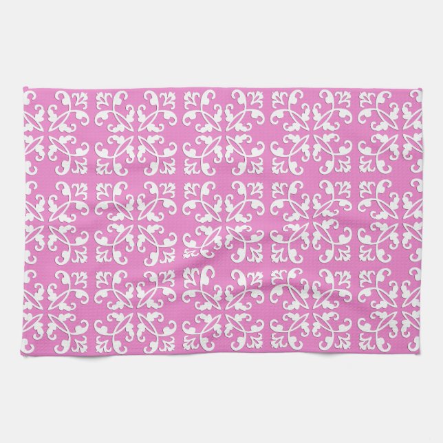 Linge De Cuisine Coutwork en dentelle - blanc sur rose orchidée (Horizontal)