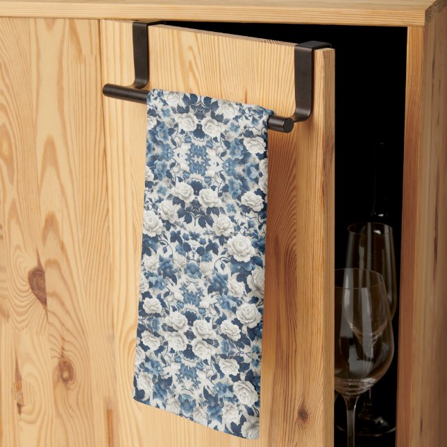 Linge De Cuisine Couverture à motif damassé floral bleu (Pliage en tiers)