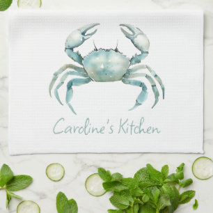 Linge De Cuisine Crabe de peinture à l'aquarelle côtière personnali