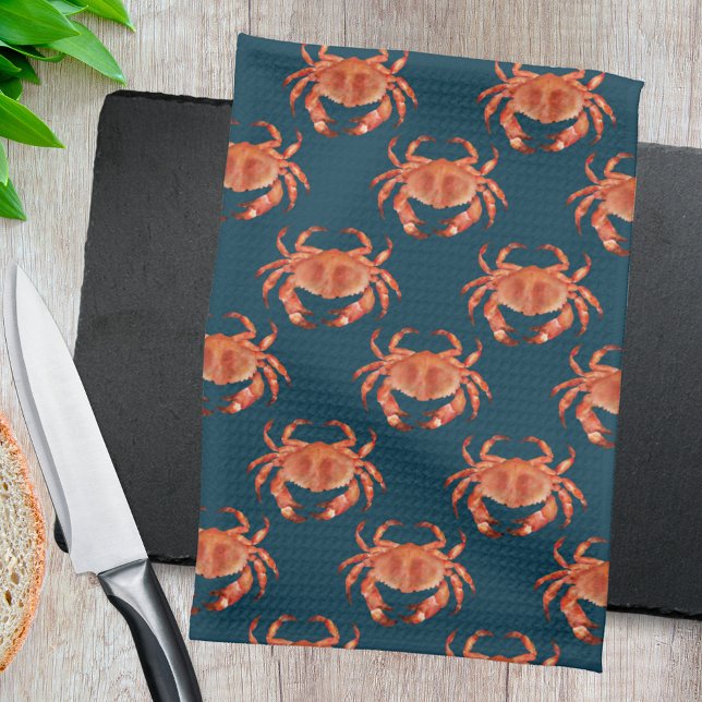 Linge De Cuisine Crabes Motif balnéaire (Brown crab on navy crustacean kitchen towel)