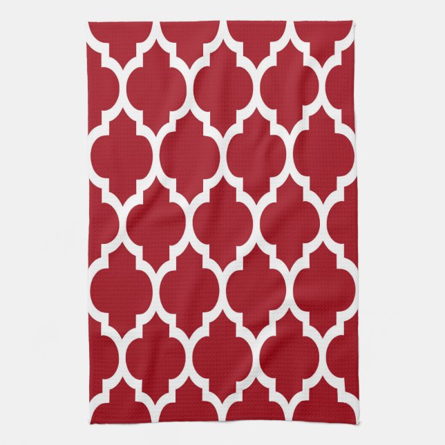 Linge De Cuisine Cranberry Red White Marocain Quatrefoil Motif #4 (Vertical)