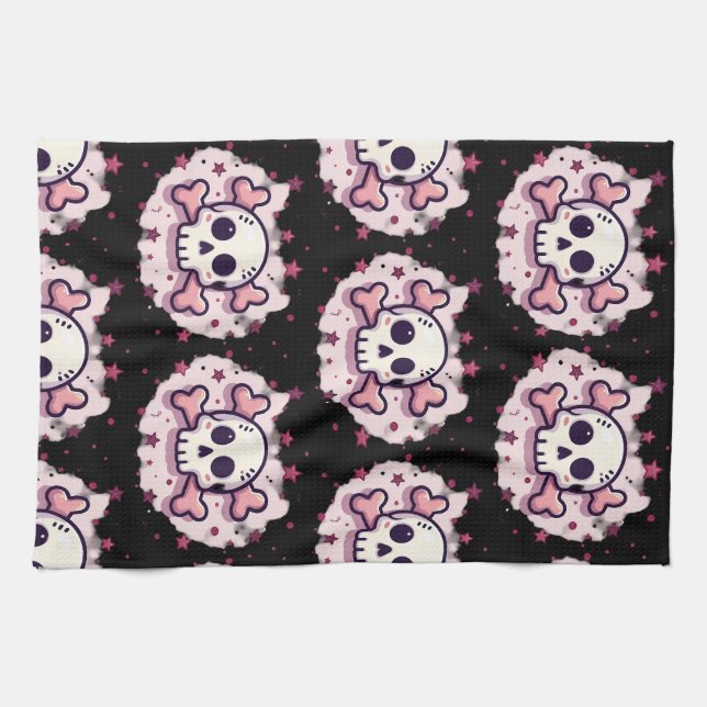 Linge De Cuisine Crâne et Os en Rose Pastel (Horizontal)