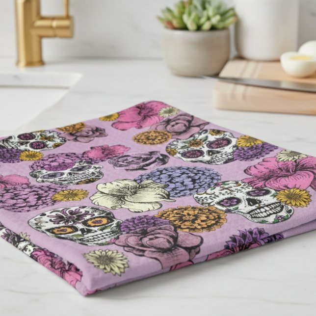 Linge De Cuisine Crânes à sucre florales Dia de los Muertos (Lilac Floral Sugar Skulls Dia de los Muertos Kitchen Towels. Mexican Skull, Flower Halloween Pattern)