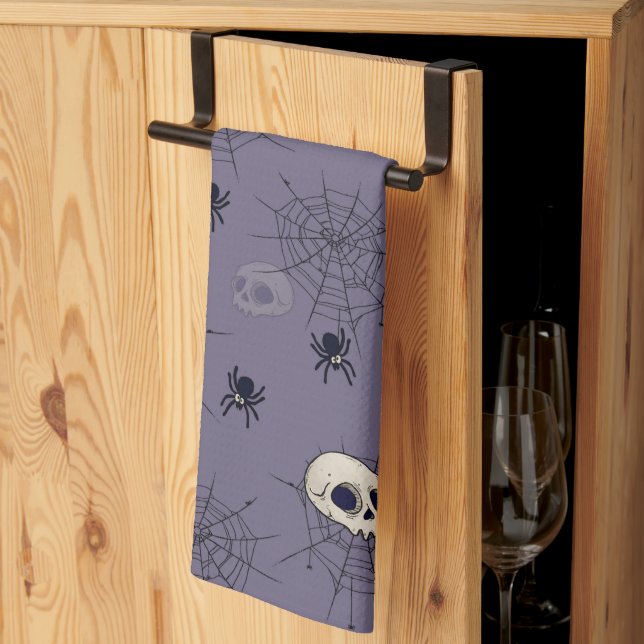 Linge De Cuisine Crânes Araignées Toiles d'araignées Bleu Halloween (Pliage en tiers)