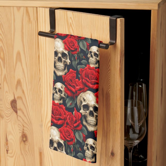 Linge De Cuisine Crânes avec Rose rouge et noir (Pliage en tiers)
