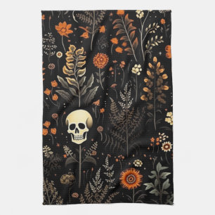 Linge De Cuisine Crânes Fleurs et verdure Halloween noir