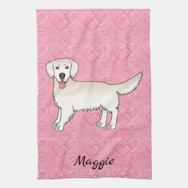 Linge De Cuisine Cream Golden Retriever On Pink Hearts & Name (Vertical)