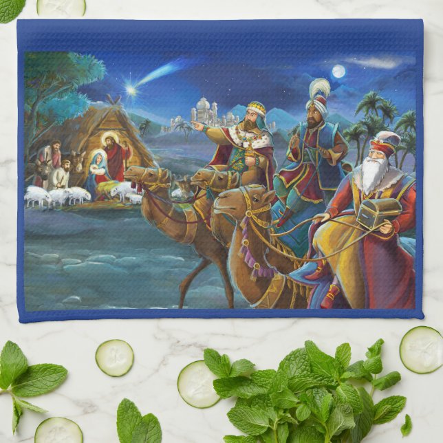 Linge De Cuisine Crèche avec les rois mages Vacances de Noël   (Plié)
