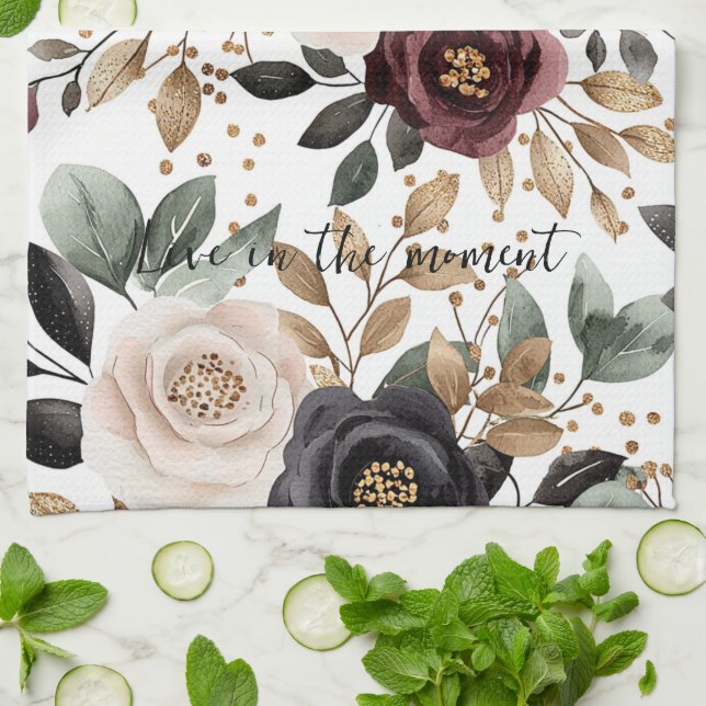 Linge De Cuisine Crème Bourgogne Floral noir (Plié)