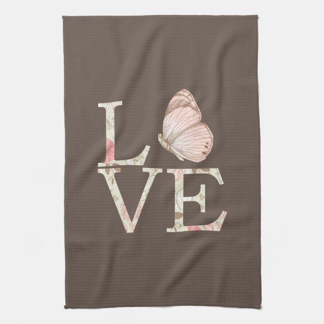 Linge De Cuisine Crème Brown Pink Love Butterfly Floral (Vertical)