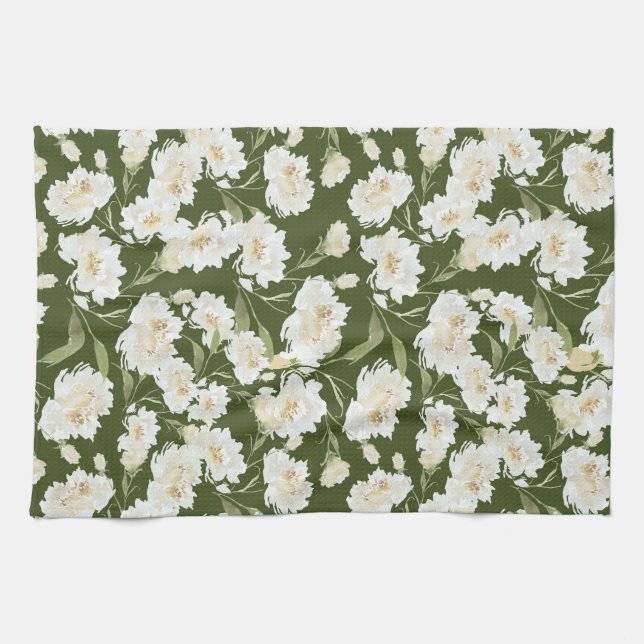 Linge De Cuisine Crème et floral olive (Horizontal)