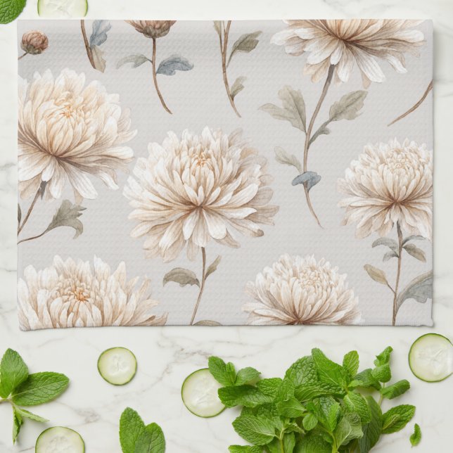 Linge De Cuisine Crème florale marron cacao  (Plié)