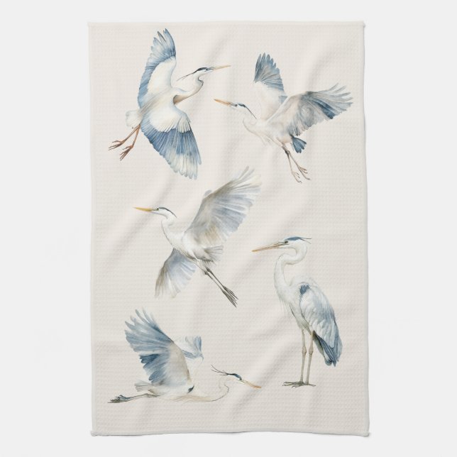 Linge De Cuisine Crème Motif Grace Flying Blue Herons (Vertical)
