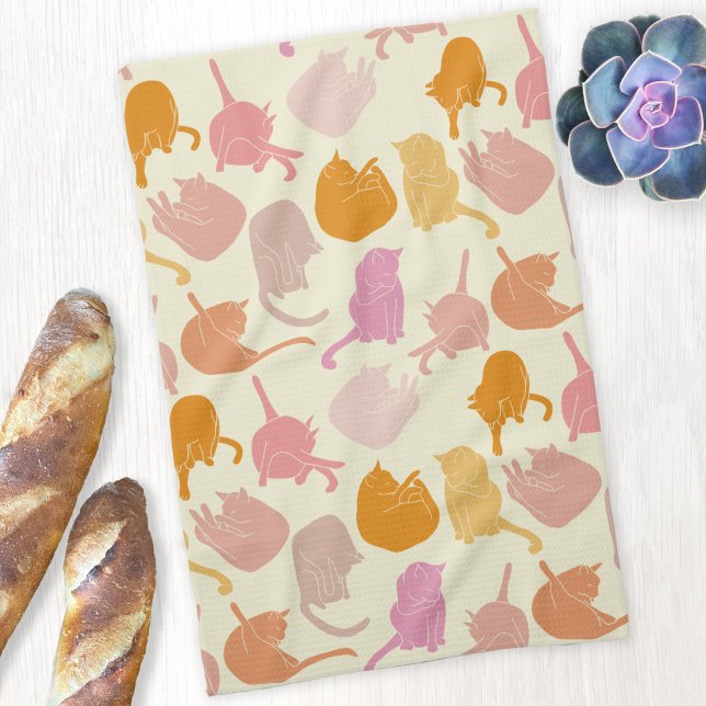 Linge De Cuisine Crème orange rose Motif Chat (Fun kitty cat pattern pink orange cream kitchen towel for animal lovers)