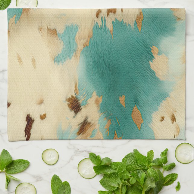 Linge De Cuisine Crème Turquoise Gold Southwest Cowhide (Plié)