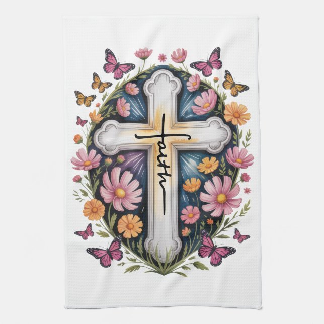 Linge De Cuisine Croix de foi florale  (Vertical)