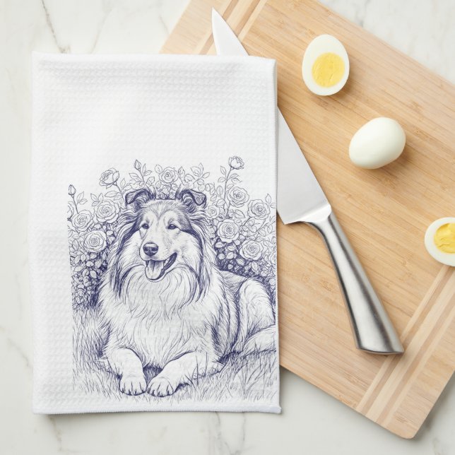 Linge De Cuisine Croquis de Sheltie avec Rosier (Quart Plié)