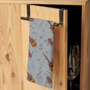 Linge De Cuisine Cuatro et maracas avec notes de musique sur GRIS C