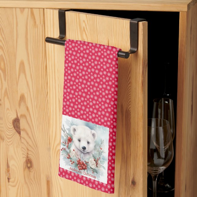 Linge De Cuisine Cube d'ours polaire Ajouter un nom Neige Rouge (Pliage en tiers)