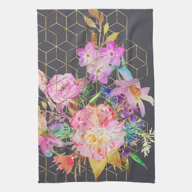 Linge De Cuisine Cubes modernes aquarelle fleurie et or géométrique (Vertical)