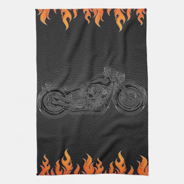 Linge De Cuisine Cuir noir flammes orange feu chaud moto (Vertical)