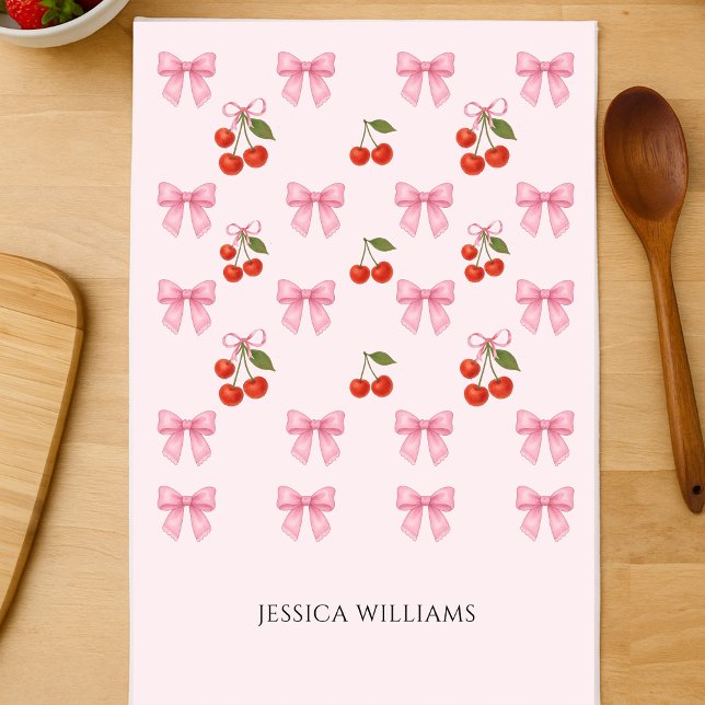 Linge De Cuisine Cuisine Aquarelle Rose Bow Coquette Baking (Cute Watercolor Pink Cherry Bow Coquette Baking Kitchen Towel)