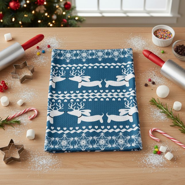 Linge De Cuisine Cuisine Dachshund Cadeau de Noël ou Décor Cuisine (Blue reindeer dachshund kitchen dish towel for Christmas gifting)