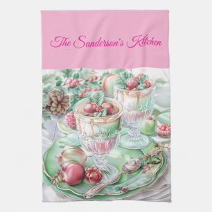Linge De Cuisine Cuisine de Noël rose et verte pastel personnalisée